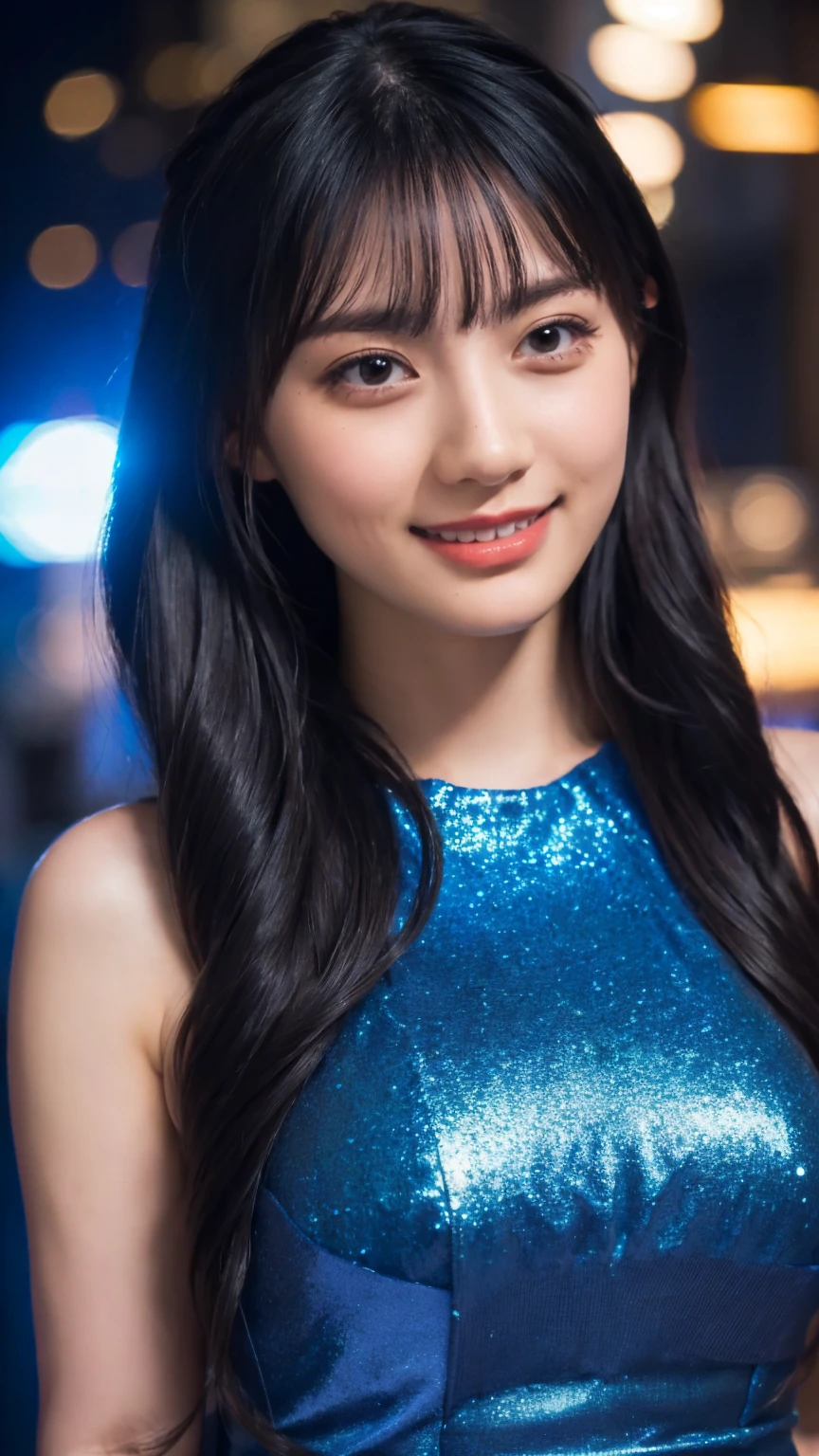 1girl,(wearing a blue glittery evening dress:1.2),(RAW photo, best quality), (realistic, photo-realistic:1.4), masterpiece, an extremely delicate and beautiful, extremely detailed, 2k wallpaper, Amazing, finely detail, extremely detailed CG unity 8k wallpaper, ultra-detailed, highres, soft light, beautiful detailed girl, extremely detailed eyes and face, beautiful detailed nose, beautiful detailed eyes,cinematic lighting,city lights at night,perfect anatomy,slender body,light smile,close up,(long hair with bangs), (big breast)