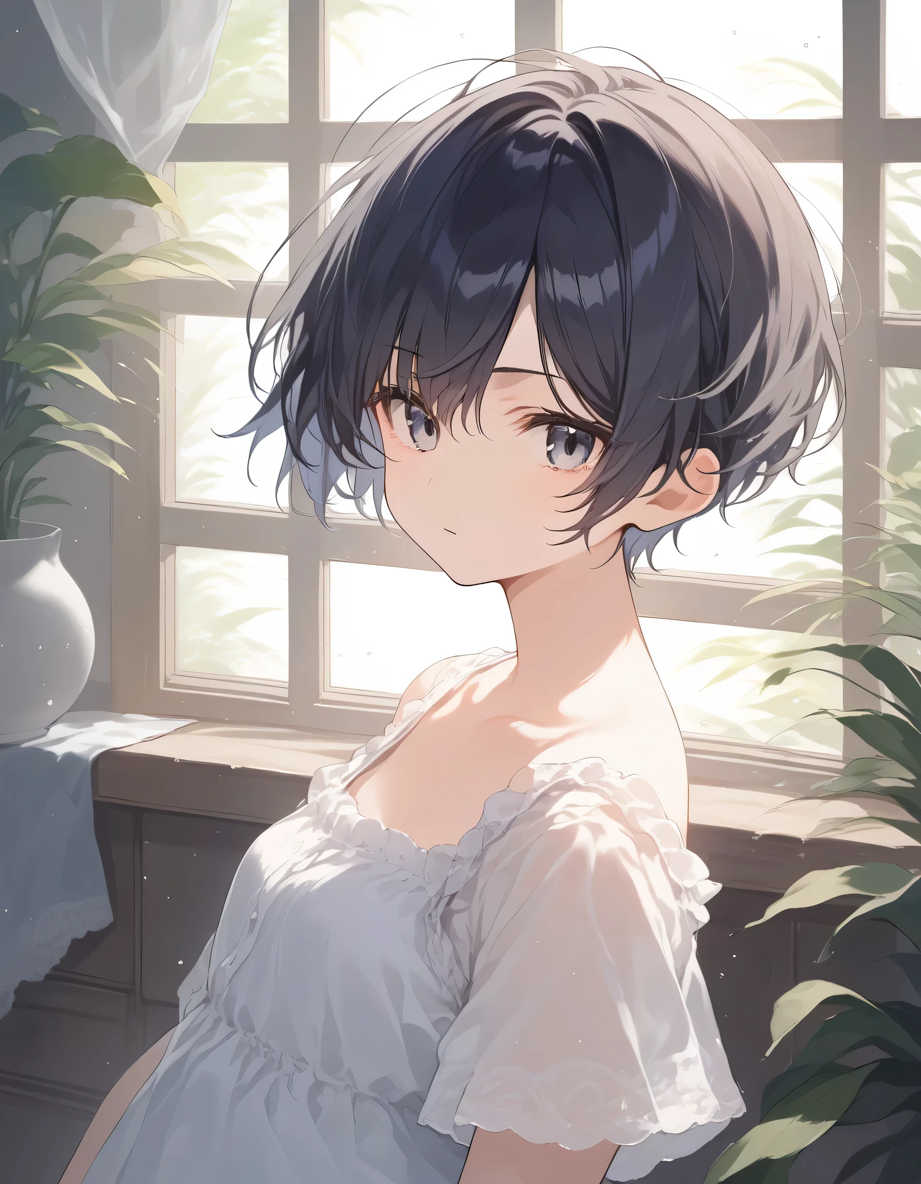 score_9, score_8_up, score_7_up, source_anime, best quality, masterpiece, official art, absurdres, highres, ultra-detailed,waifu2x,JAV Cover,break,1girl, tomboy, idol girl, very short hair, pixie cut, small breasts, slender, beautiful detailed eyes, expressionless, sleepily, indoors, break,(clear line illustration:1.2), super detailed skin,very high resolution, very aesthetic, Best sexual lighting powered by famous artist, 8k,cute picture, beauty illustration,photoshop_(medium),,(Detailed Lighting),best anime 8k konachan wallpaper, pixiv contest winner,