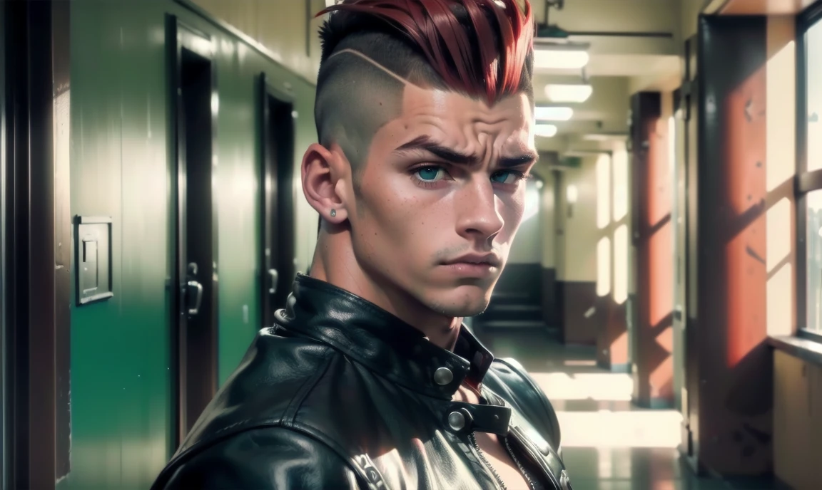"((highly detailed, detailed eyes, detailed face, clear and realistic facial features, photorealistic, realistic light; cinematic)), (1 man), ((((school hallway background)))), (((gorgeous athletic punk tough bully male))), ((18-year-old teenage male)), ((((glaring expression)))), ((intimidating mood)), ((blue-green eyes)), ((short black hair with a undercut)), (((dressed in black and leather))), ((red tint in hair)), ((standing in your way))."