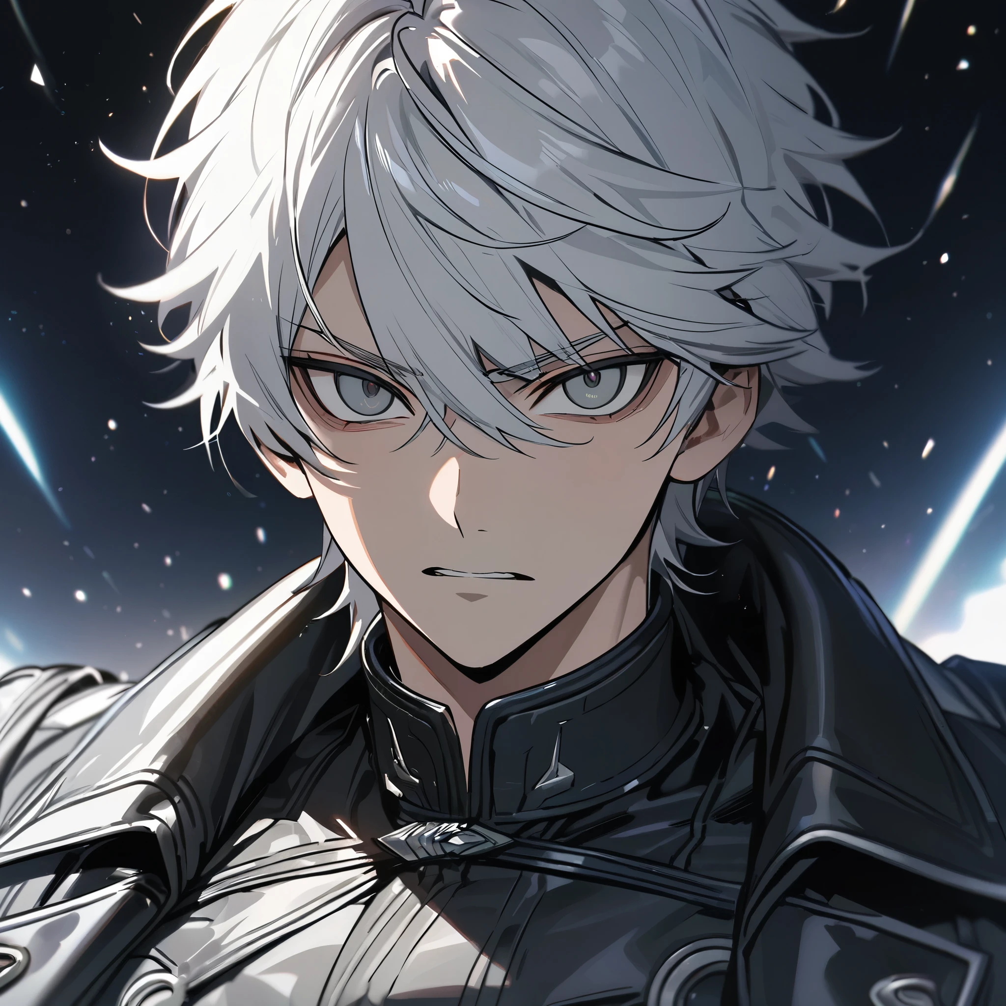 High quality, HD, 4k, no shadows, handsome male, 1male, 17 years old, teenager, short white hair, silver hair, white hair, sharp eyes, dark grey colored eyes, deep grey eyes, dark grey eyes, devil may cry, close up, calm expression, stoic expression, black leather clothes, white leather clothing, lean body, well trained body, upper body, looking at viewer, cowboy shot, white solar, space background