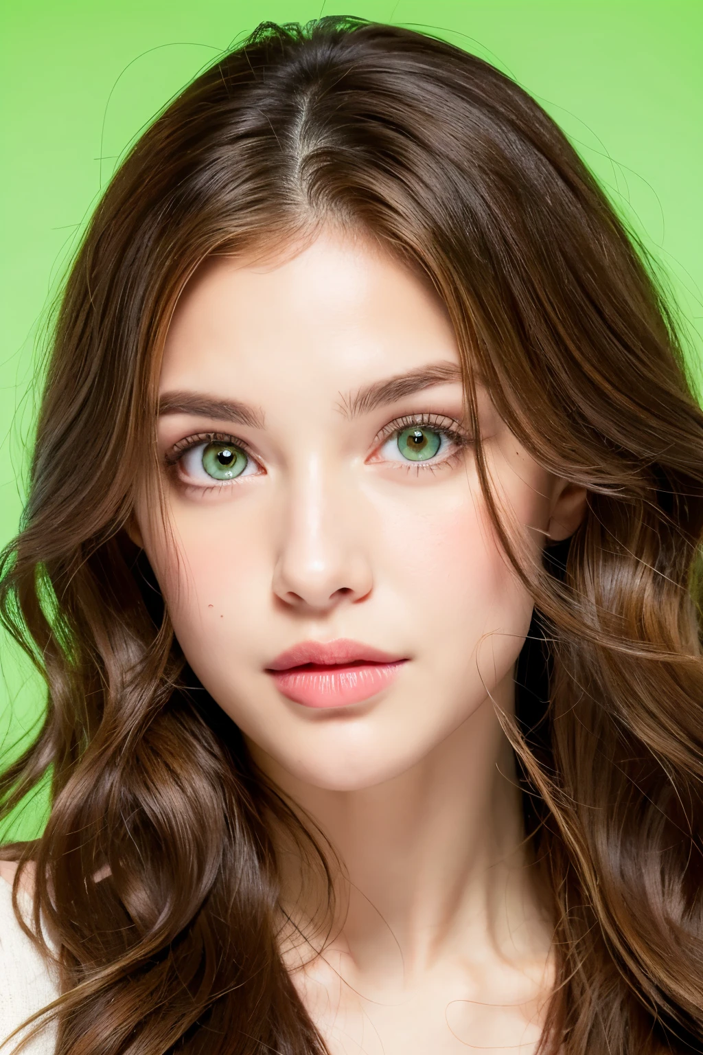 wavy brown hair woman, green eyes, big lip