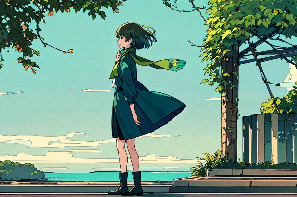 Artwork by、Intricate details、Best Quality、1 Girl、solo、Girl Standing、Smile with your mouth closed、From the side見て、From the side、From the sideガロタ、From the side横顔の女の子、Medium Hair、Yellow-green hair、Sleek back hair、Wind in your hair、Blue colored eyes、Green uniform、Green pants、Savannah Explorer、Green Scout、Brown boots、bangs、Short sleeve、Perfil、a scarf around the neck、Girl walking、