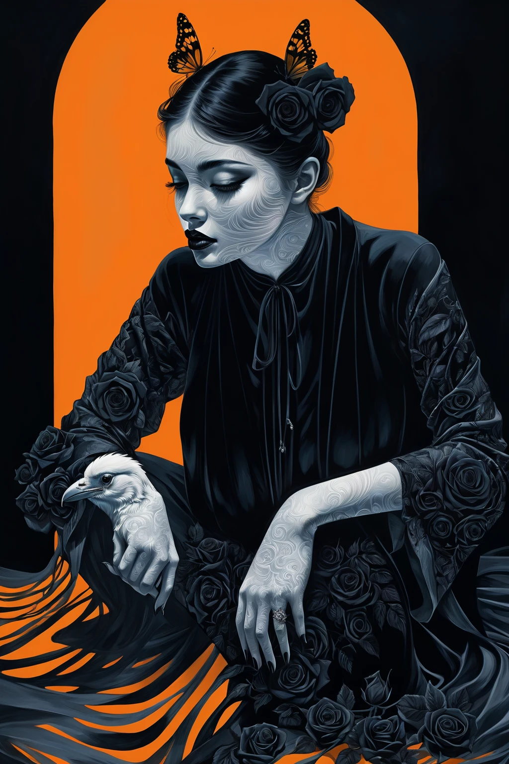 chiaroscuro technique on sensual illustration Illustration art, by IrinaKapi. Surrealism, vintage abstraction, girl with white raven and black roses, ultra details oh clothes, best quality, masterpiece, painting, concept art, emotionally, atmospheric, aesthetics of romanticism, represent transformation and the ability to see beyond the surface