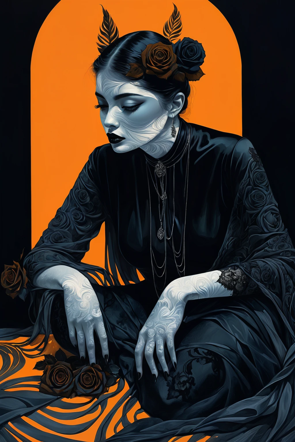 chiaroscuro technique on sensual illustration Illustration art, by IrinaKapi. Surrealism, vintage abstraction, girl with white raven and black roses, ultra details oh clothes, best quality, masterpiece, painting, concept art, emotionally, atmospheric, aesthetics of romanticism, represent transformation and the ability to see beyond the surface