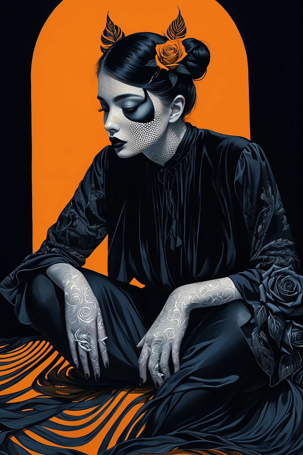 chiaroscuro technique on sensual illustration Illustration art, by IrinaKapi. Surrealism, vintage abstraction, girl with white raven and black roses, ultra details oh clothes, best quality, masterpiece, painting, concept art, emotionally, atmospheric, aesthetics of romanticism, represent transformation and the ability to see beyond the surface