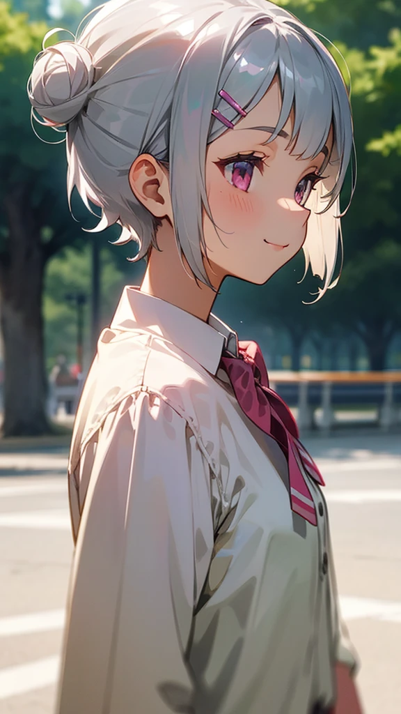 １girl、Short silver bob hair tied in a bun with a hair clip, Pink Eyes、smile、profile、Upper body close-up、Morning Park、Background blur, Written boundary depth