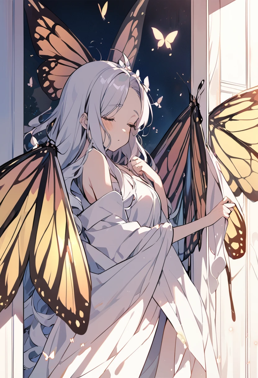 Sleepy eyes, goddess, a girl, just woke up, coming out of cocoon, butterfly wings