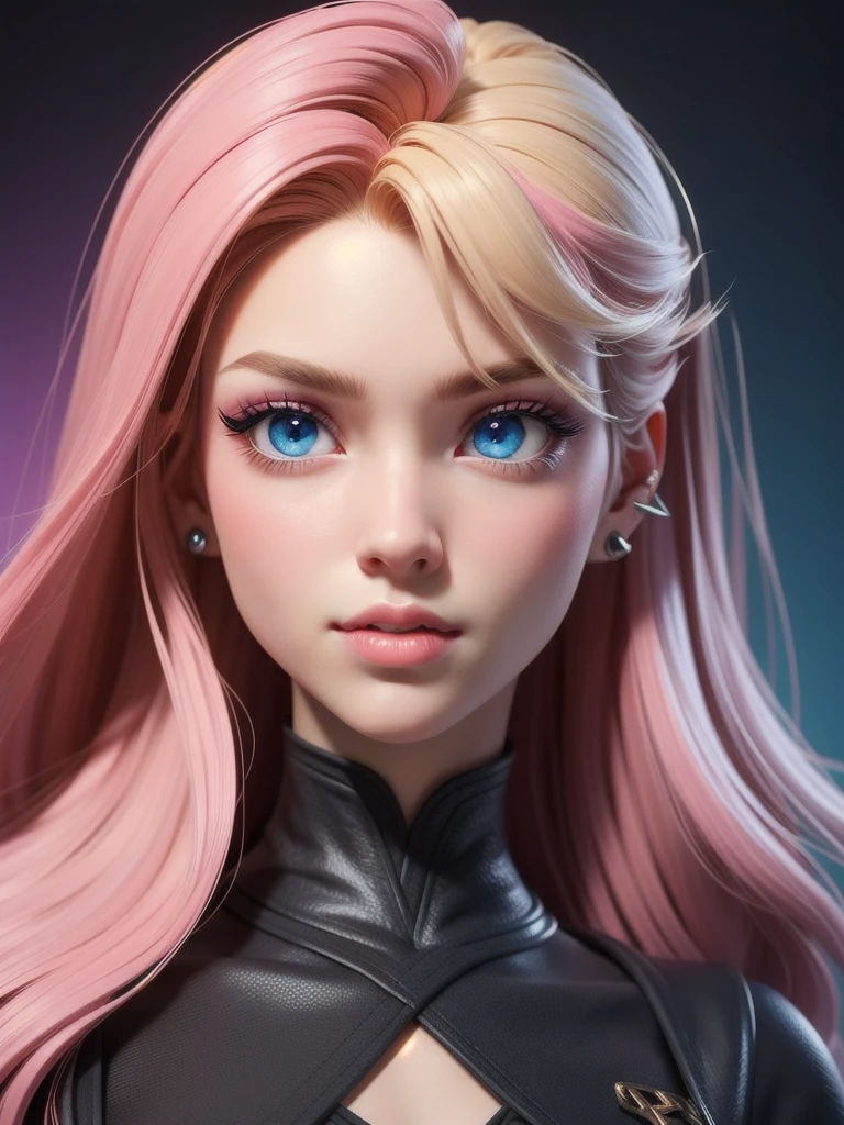 masterpiece, best quality,3d rending work,3DMM style, close-up, portrait, 3D,1girl, solo, perfect face, long hair, academy blue school uniform , long light blonde hair dyed with pink and with cute fluffy bangs well styled, hair dyed with pink color, detailed light blue eyes highlight light reflecting in her eyes, looking straight to the viewer, realistic, upper body, party background, colorful lighting, lips, edgy makeup, black shade of makeup on eyelids, ear piercing, fair skin, perfect hourglass body, she has sharp jawline, photo card, The artwork should have the best quality, with ultra-detailed and realistic features. The color palette should be vivid, and the lighting should emphasize the character's facial structure and expression.