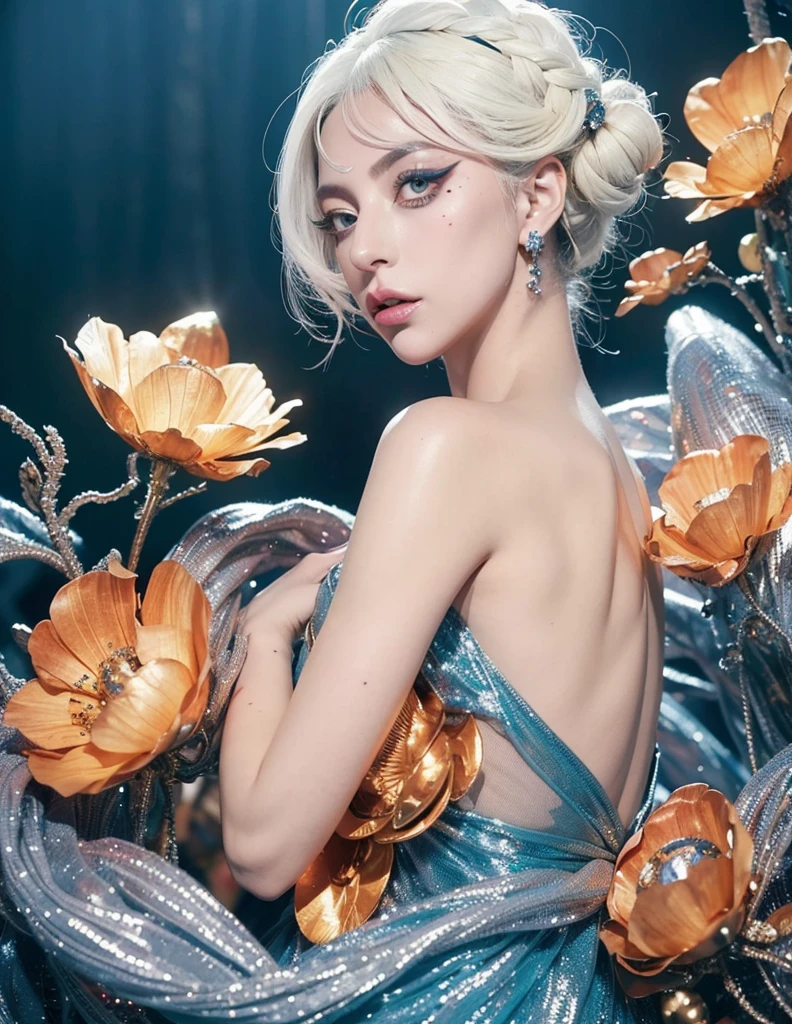 a cosmic goddess lady gaga in dark sheer alien costume, detailed intricate pattern on costume, dreadlocks hairstyle, alien legs, dramatic dramatic dark moody lighting, dramatic contrast, cinematic composition, highly detailed, photorealistic, 8k, masterpiece