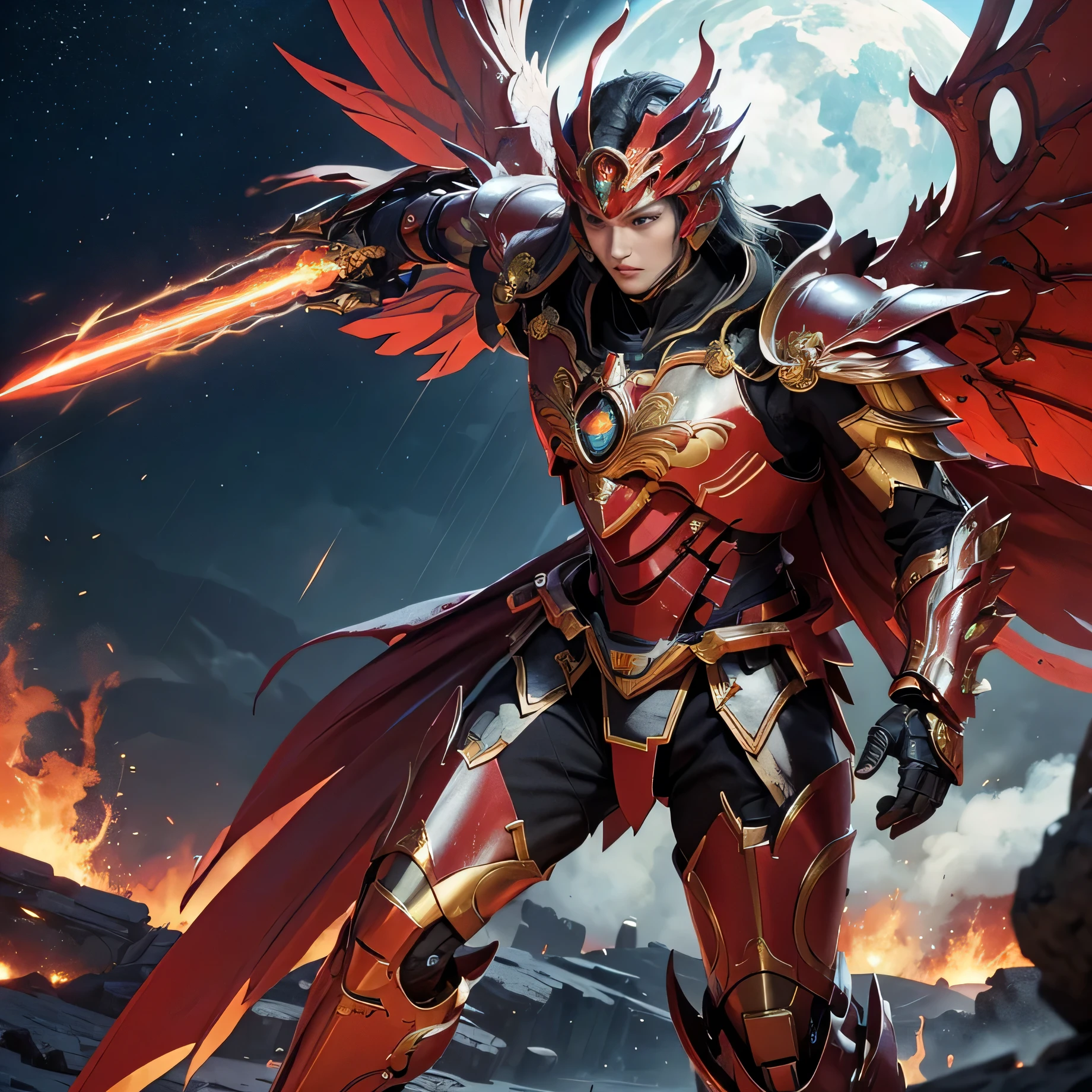 close up of robot with wings on surface, prajurit phoenix, saint seiya unreal engine rendering, phoenix solarpunk, white and red armor, detailed cosmic angel robot, a flying scarlet phoenix, glowing mecha armor, ancient dragon armor yang rumit, ancient dragon armor, intricate white and gold armor, mecha wings, high fantasy kamen rider, god king art ai, Holding the Pancasila Shield in his left hand and a long, ancient, fiery red Keris, perpfect detail. hyper realistic, 4k, ALREADY. ultra detail, Hyper maximalism, fantasy, Badass, very detail, lightning and rain,