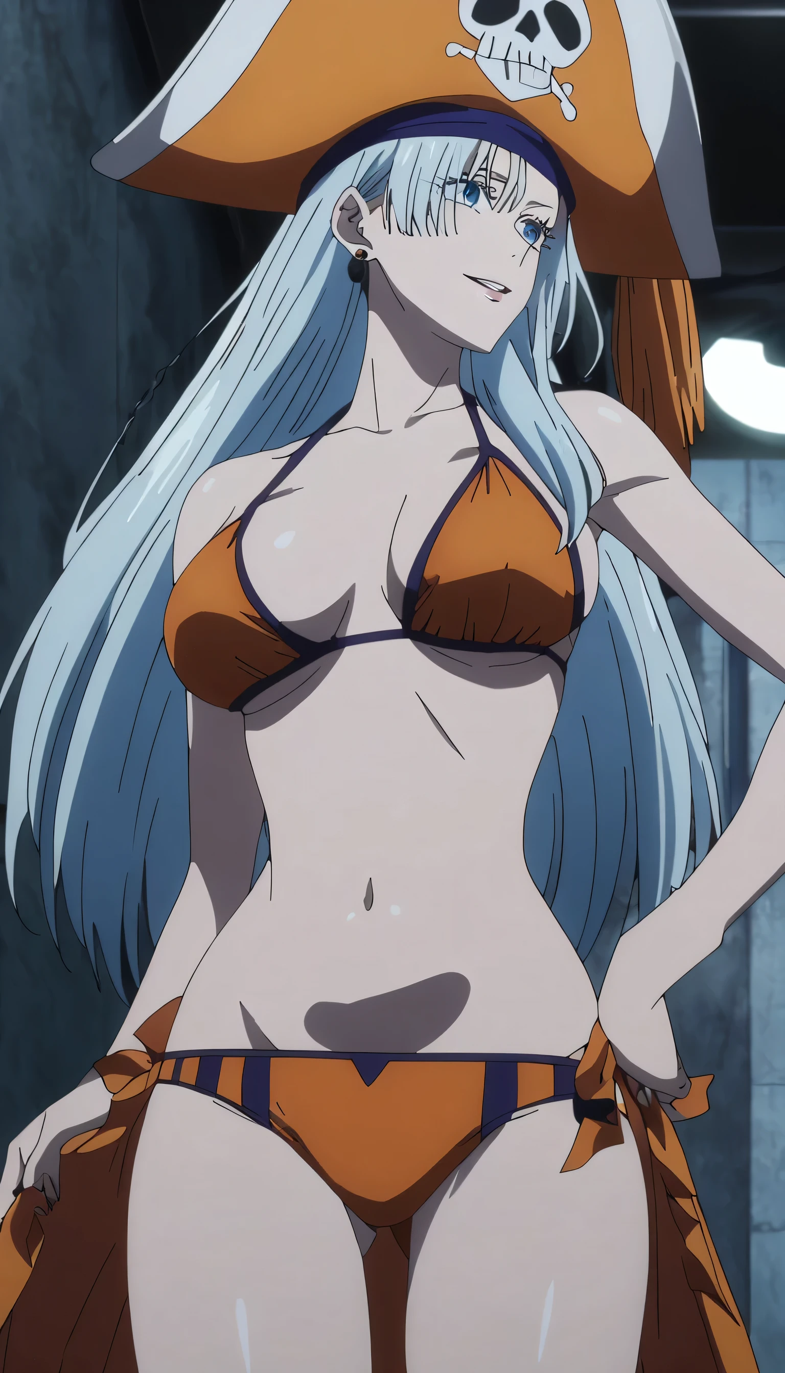 1girl, female gojo satoru, anime screencap from jujutsu kaisen, gojo satoru female version, solo, long_hair, ((Blue eyes,)) ((Silver_hair, hair over ear from one side))((slicked hair)) , night view, (hanging breasts) upper_body, smile, indoors, parted lips, (long hair) (Cool pirate hat) ((wearing fancyorange bikini ) , ( sexy Belly Button ) ((Middlebreasts)) , glossy)) breast, "very detailed and high resolution" ((solo)) (((front view))) (earings) ((high resolution)) ((good quality)) ((silky hair, hair over ear from one side))((hair slicked)) ((parted lips)) ((full body))