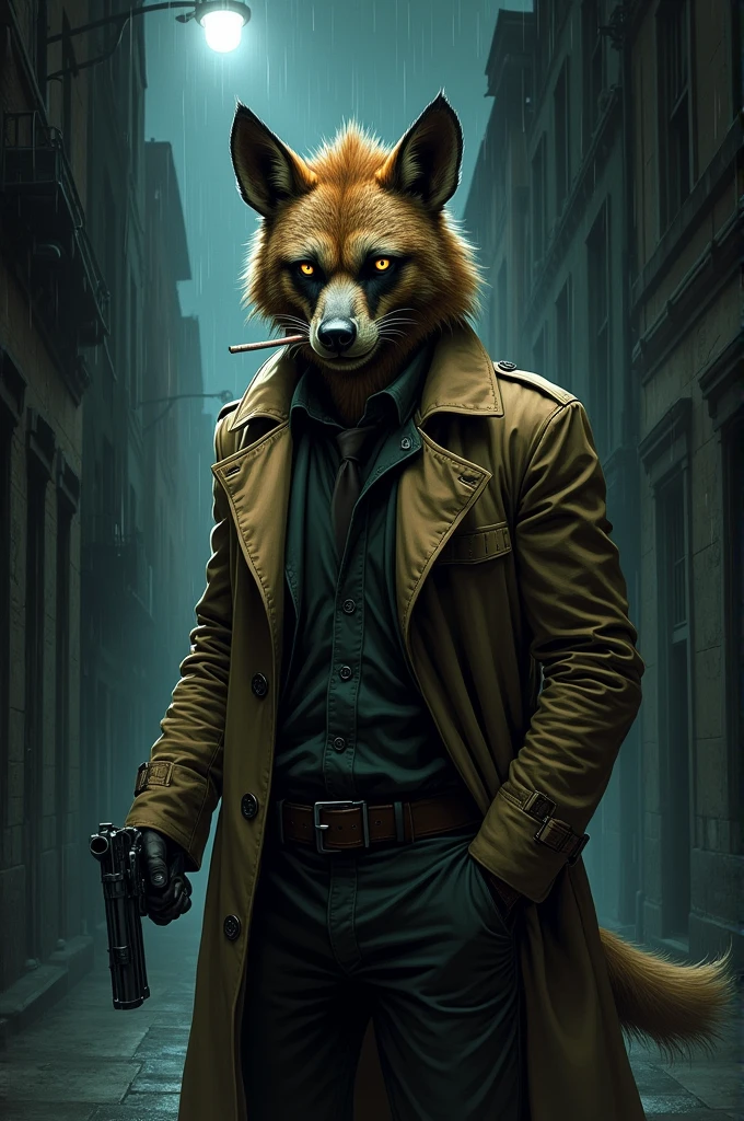A captivating illustration of a humanoid hyena detective in a film noir comic art style, portrayed as a relentless seeker of justice. He dons a trench coat, a loose necktie, and clasps a cigarette between his teeth. With a handgun in hand, the detective stands in a dark, rain-soaked alley, on high alert for any potential danger. The atmosphere is charged with suspense, as the shadows cast by the dim streetlight create an eerie, yet mesmerizing scene., illustration