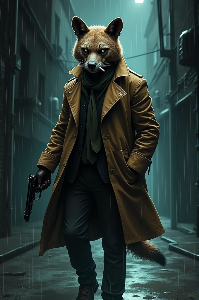 A captivating illustration of a humanoid hyena detective in a film noir comic art style, portrayed as a relentless seeker of justice. He dons a trench coat, a loose necktie, and clasps a cigarette between his teeth. With a handgun in hand, the detective stands in a dark, rain-soaked alley, on high alert for any potential danger. The atmosphere is charged with suspense, as the shadows cast by the dim streetlight create an eerie, yet mesmerizing scene., illustration