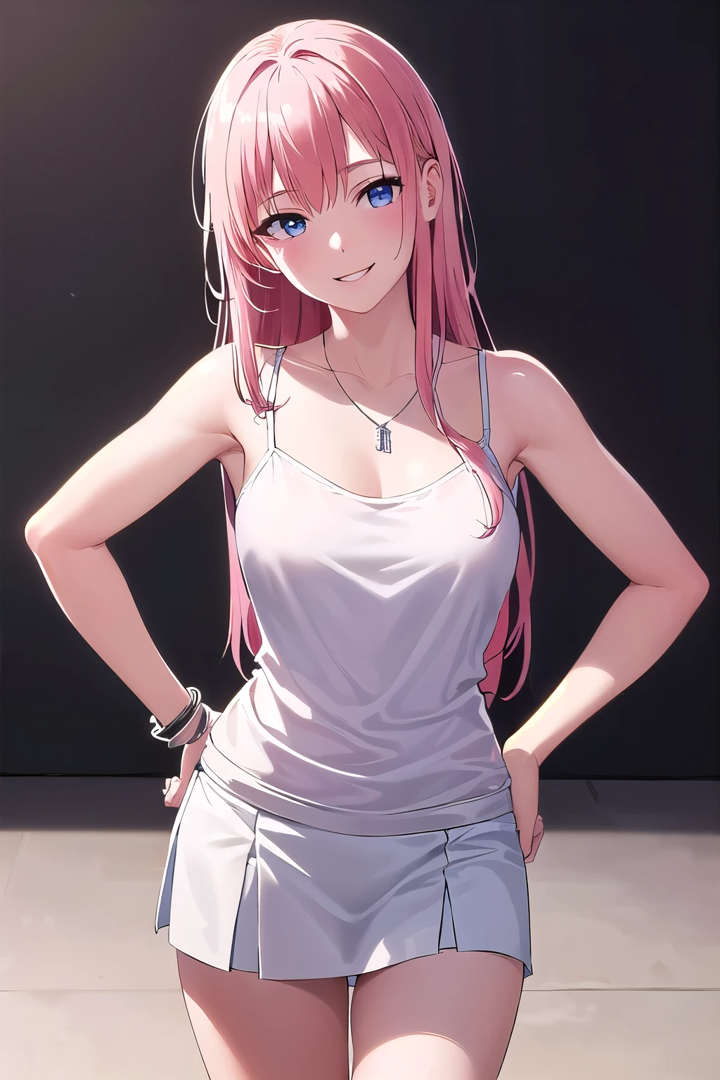 (8K, top-quality, masterpiece:1.2), (reallistic, Photorealsitic:1.37), Super Detail, One girl,), (Highly detailed), (beautifully detailed eyes), (of the highest quality), (super detailed ), (masterpiece), (Detailed face),20yr old, ,1 girl, ((pink hair,long hair)), medium breasts, clothed, Perfect Lighting, BREAK, (white:1.2), (sexy:1.2), (tight:1.2), (smooth:1.1), (soft:1.1), (white camisole:1.2), (white blouse:1.2), (white miniskirt:1.2), (white thighs:1.2), (white heels:1.2), (silver necklace:1.1), (silver bracelet:1.1), BRAKE, (upper body to thighs:1.2), (long pink hair:1.2), (sexy smile:1.2), (face forward:1.2), (head tilt:1.2), (hand on hip:1.2), (hand in hair:1.2), (white background:1.2), (soft lighting:1.2)