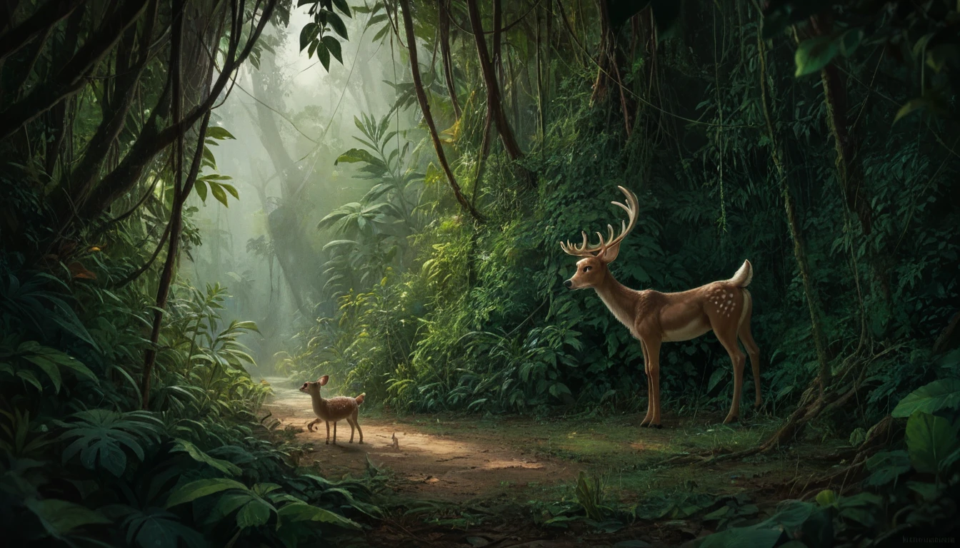 nature shot with wide shot of a dark jungle scene,face of a baby golden-deer hiding between the bushes,hunting,nightfall,dimmly lit,intense gaze,tension,perfect composition,masterpiece,best quality,Outdoors,greenery,natural light,fresh,vivid contrast,vivid color,Hyperrealistic art cinematic film still photography in the style of detailed hyperrealism photoshoot,