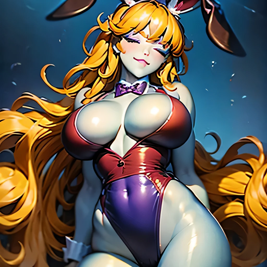 ((masterpiece,best quality,ultra-delicate,Perfect Face,16k,high resolution,very beautiful woman)),blue skin:1.3,red sleeveless jacket, purple panties,bunny ears,large breasts,close eyes,purple bowtie,gold long hair,smile,seductive pose,cowboy shot