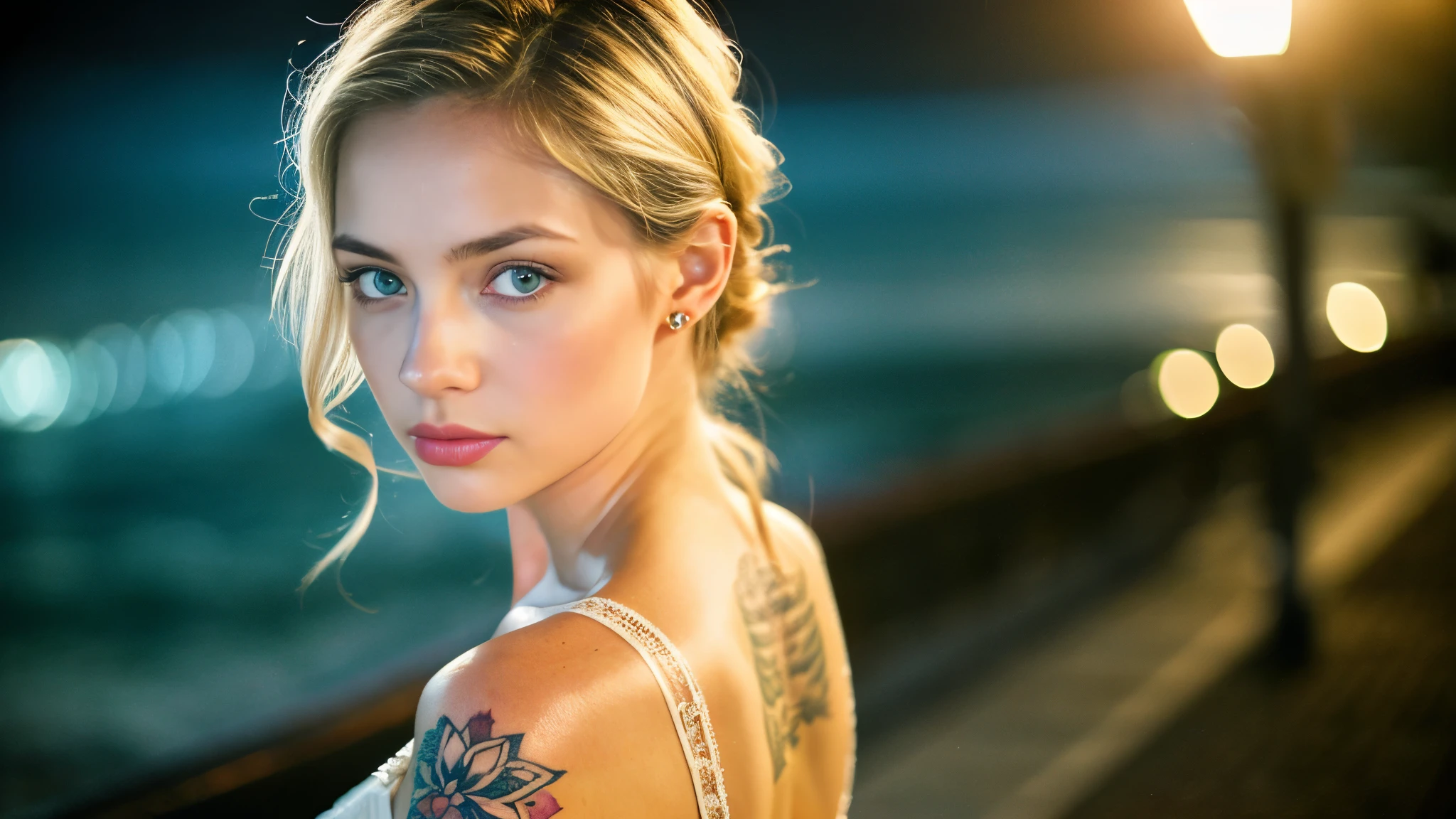 tatuados,Beautiful blonde with big breasts in a light dress、(Back tattoo、Many tattoos on both arms and neck)、 (late night beach、walk),Candlelight only,Very detailed, 21 years old, Innocent face, Wavy Hair, blue eyes, High resolution, masterpiece, Highest quality, Intricate details, Very detailed, Clear focus, Delicate skin, practical skin texture, texture, Delicate eyes, Professional, 4K, Sad face,despair、 Shot with Canon, 85mm, Shallow and deep, Kodak Vision Color, Exactly, Very detailed, photograph_\(Extremist\), photographpractical, practical, Post-processing, Maximum details, Roughness, Real Life, Extremist practical, Photorealism, photographgraphy, 8K Ultra HD, photographgraphy