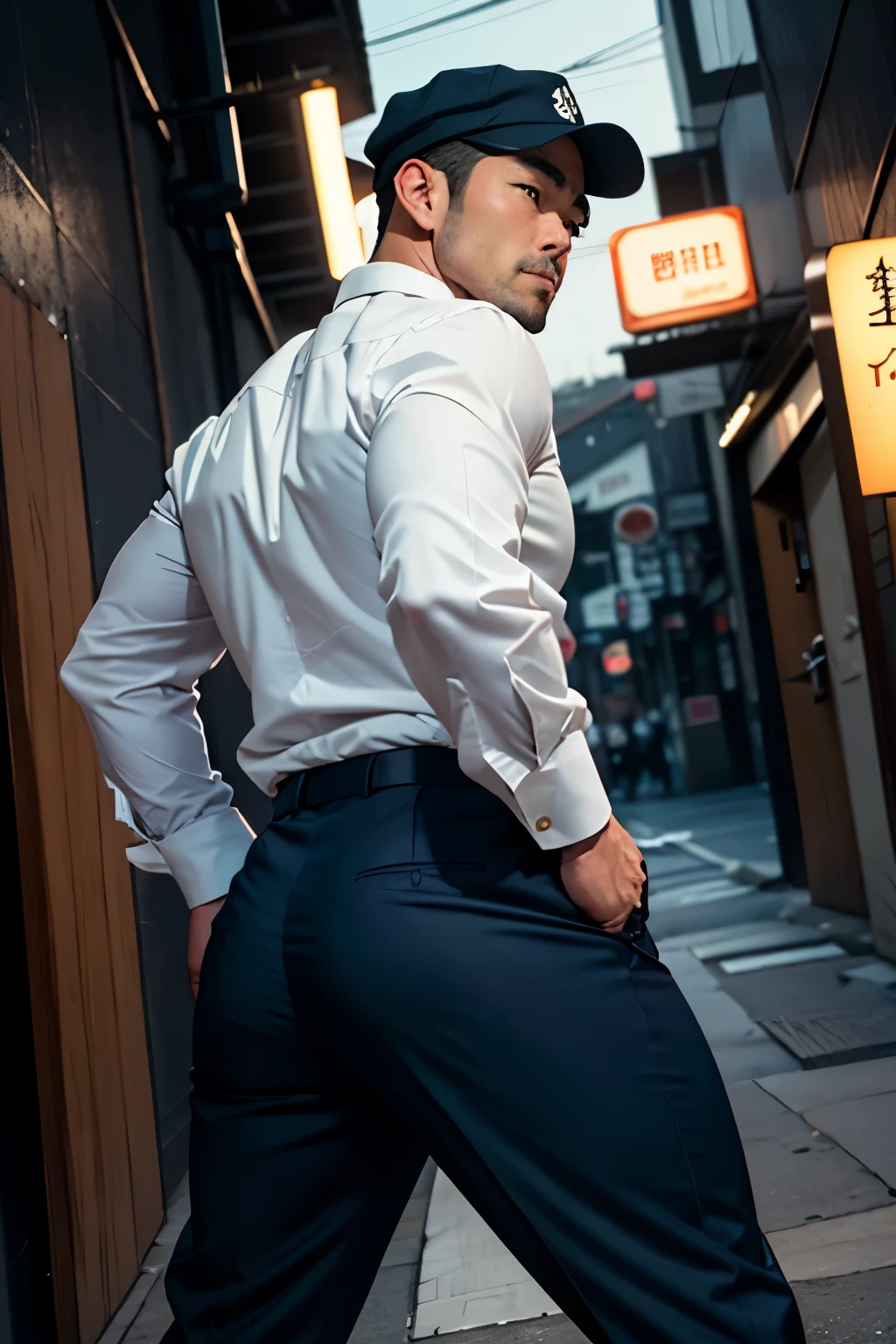 40-year-old boy Japanese muscular male in white long sleeve formal shirt......... wearing police cap, wearing navy blue slack formal pants...........gooning seductive expression.................... dripping on body and pants...................., arching back............... looking back to the camera. [[ big unrealistic butt,]] hairy legs.................. muscular thigh......................close up on butt........low angle camera.......... muscular thigh........... night dark alley
