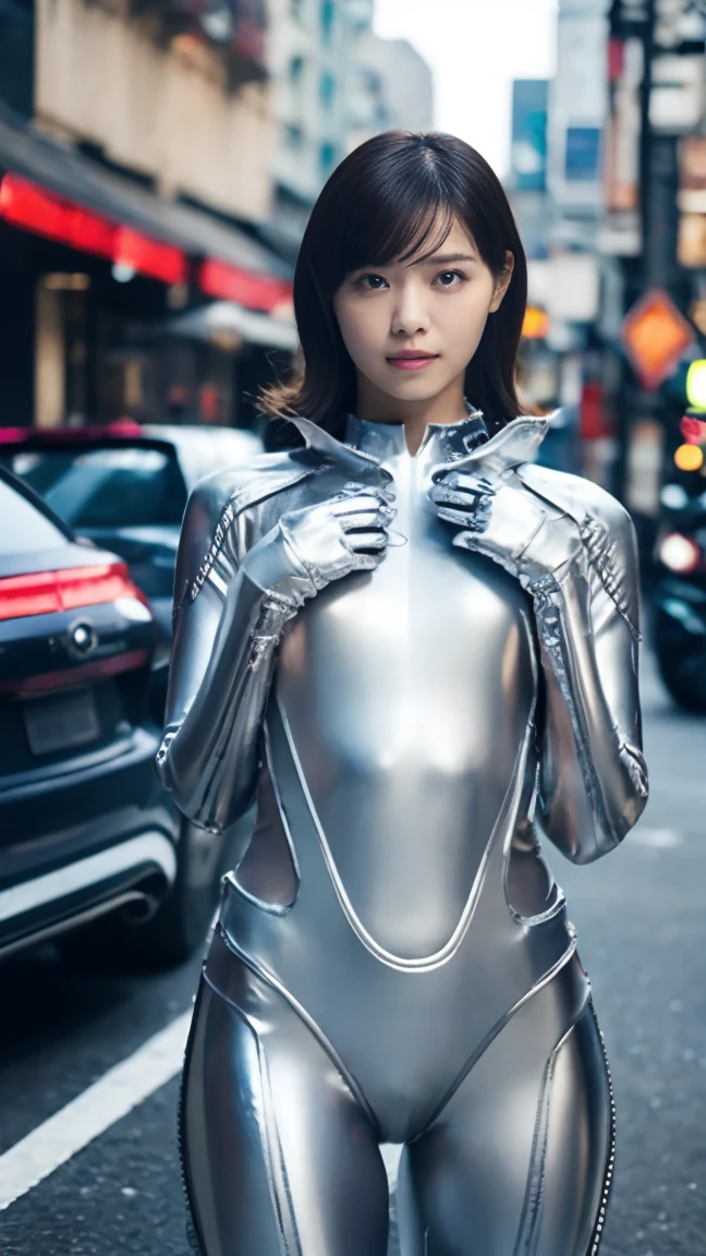 masterpiece, Highest quality, One Girl, A skin-tight silver plug suit, Perfect Eyes, Perfect Face, Kuvshinov, Cowboy Shot,cyber punk、Ride a superbike, Future City
