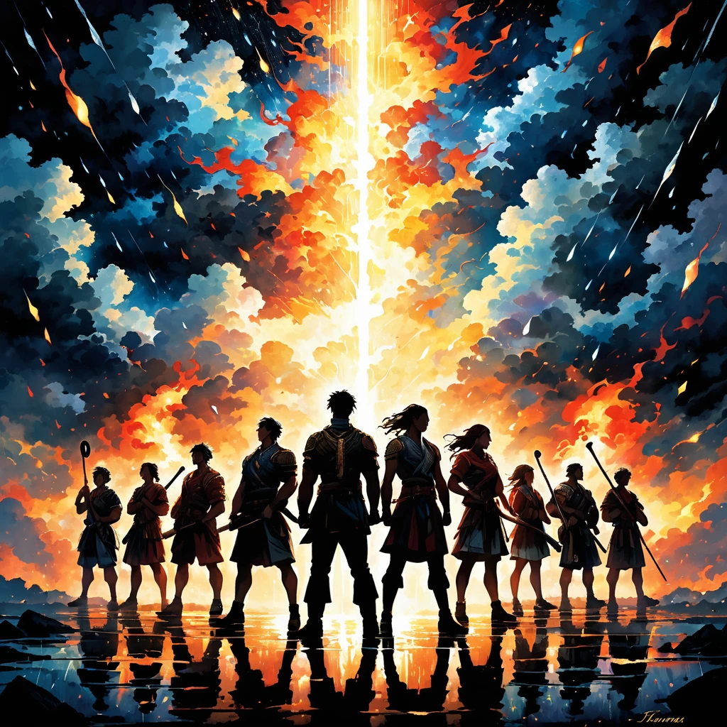 An inspiring scene depicting a group of diverse individuals standing tall amidst a stormy background. They are illuminated by a bright light breaking through the darkness, symbolizing hope and resilience. The scene is vibrant with elements of music, such as drums and bass lines subtly incorporated into the background. Flames and rain intermingle, adding a dynamic and powerful contrast. The individuals appear determined and strong, embodying themes of unity and strength. Above them, stars shine brightly, representing the triumph of dreams and aspirations.