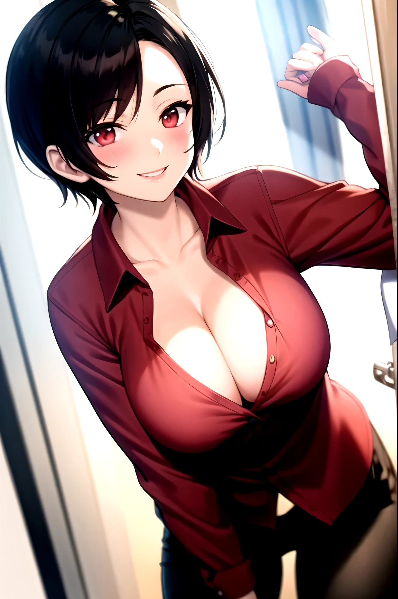 Ada wong,red shirt,Cleavage,Black pants,smile,sexly,upturned collar shirt, popped collar shirt, High collar shirt,blush,One Woman,Put your hands behind your head,whole body,front,By the window in the morning sun,Cleavage,Spread your legs,