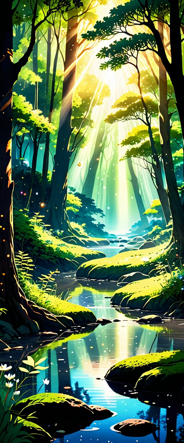 Viral anime nature wallpaper in 4K quality, in the style of digital illustration inspired by Hayao Miyazaki, featuring a serene forest with towering ancient trees, dappled sunlight filtering through the leaves, a gentle stream flowing through the scene, and mystical creatures peeking from behind the foliage; vibrant and warm color temperature, cosmos lighting with stars twinkling in the sky, no human characters, the atmosphere is tranquil and enchanting --v 5 --stylize 1000