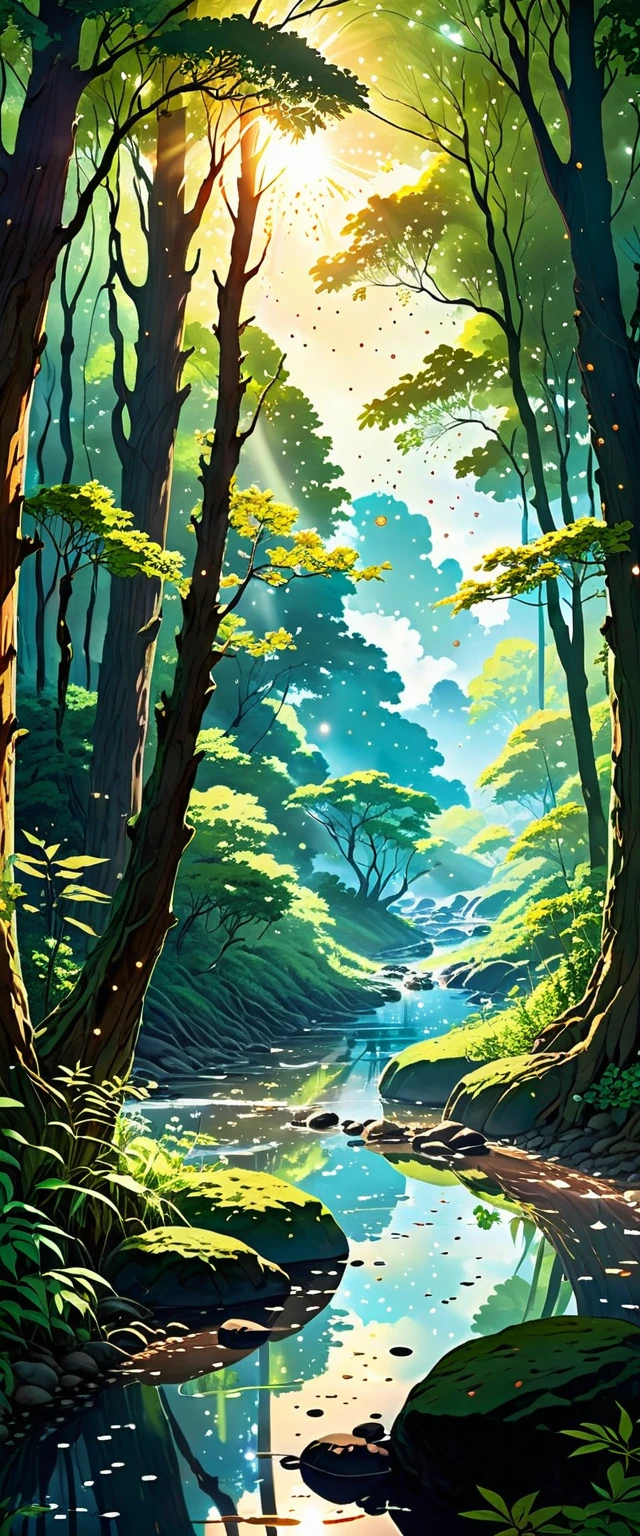 Viral anime nature wallpaper in 4K quality, in the style of digital illustration inspired by Hayao Miyazaki, featuring a serene forest with towering ancient trees, dappled sunlight filtering through the leaves, a gentle stream flowing through the scene, and mystical creatures peeking from behind the foliage; vibrant and warm color temperature, cosmos lighting with stars twinkling in the sky, no human characters, the atmosphere is tranquil and enchanting --v 5 --stylize 1000