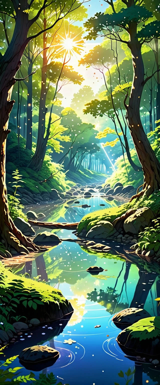 Viral anime nature wallpaper in 4K quality, in the style of digital illustration inspired by Hayao Miyazaki, featuring a serene forest with towering ancient trees, dappled sunlight filtering through the leaves, a gentle stream flowing through the scene, and mystical creatures peeking from behind the foliage; vibrant and warm color temperature, cosmos lighting with stars twinkling in the sky, no human characters, the atmosphere is tranquil and enchanting --v 5 --stylize 1000