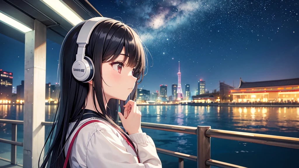Traveling through the zoo。A young girl with black hair wearing stylish clothes and headphones labeled "lo-fi" The girl is shown in profile, gazing into the distance with a calm, relaxed expression Background depicts the iconic scenery of Namba, Osaka at night, without any text on signs A starry night sky adding to the peaceful atmosphere Overall mood is quiet and serene, perfect for lo-fi music Detailed hair rendering and careful attention to the girl's fashionable outfit The entire scene should evoke a relaxing, introspective feeling associated with lo-fi music