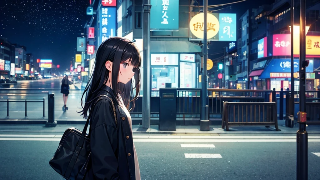 Traveling through the zoo。A young girl with black hair wearing stylish clothes and headphones labeled "lo-fi" The girl is shown in profile, gazing into the distance with a calm, relaxed expression Background depicts the iconic scenery of Namba, Osaka at night, without any text on signs A starry night sky adding to the peaceful atmosphere Overall mood is quiet and serene, perfect for lo-fi music Detailed hair rendering and careful attention to the girl's fashionable outfit The entire scene should evoke a relaxing, introspective feeling associated with lo-fi music