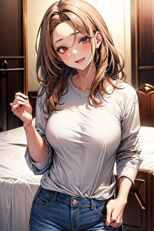 (((minr bra))), Very detailed、highest quality、Best image quality、masterpiece、8k、Anime Face、A kind smile、Open Mouth、(brown middle hair:1.5)、big breast, sexy、 beautiful body 、Cowboy Shot, Sexual Intercourse, ((white eyes)), hotel bedroom, ((( Jeans)))