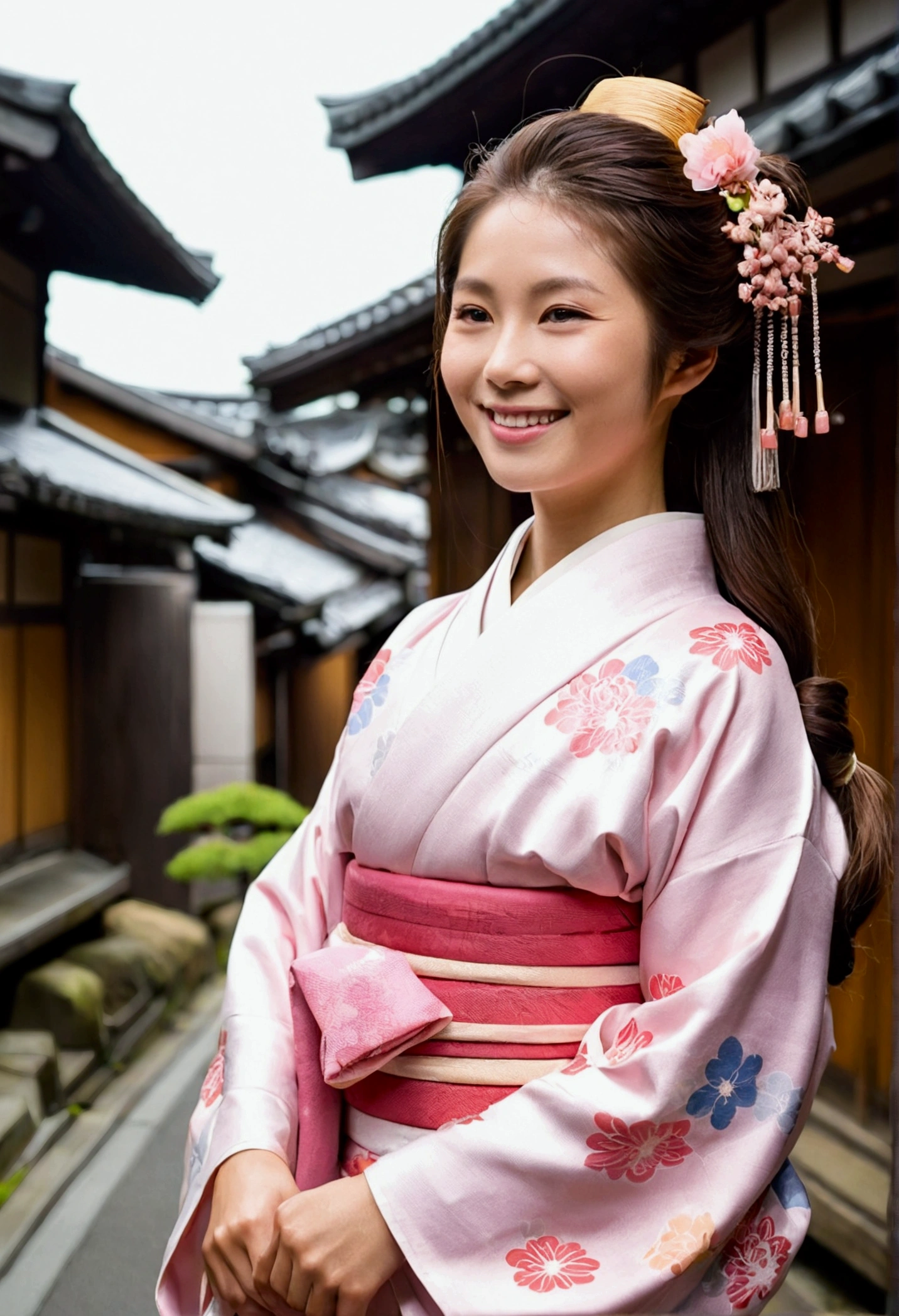 In the city、Edo Period、Wearing a kimono(Kimono color、Light pink)、Woman looking forward and smiling、Medium build、Approximately 20 years old、Long Hair、Beauty