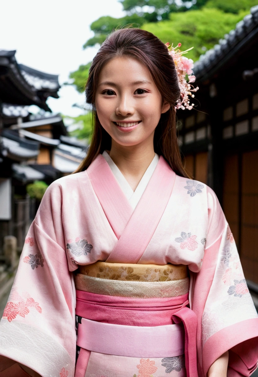 In the city、Edo Period、Wearing a kimono（Kimono color、Light pink）、Woman looking forward and smiling、Medium build、Approximately 20 years old、Long Hair、Beauty