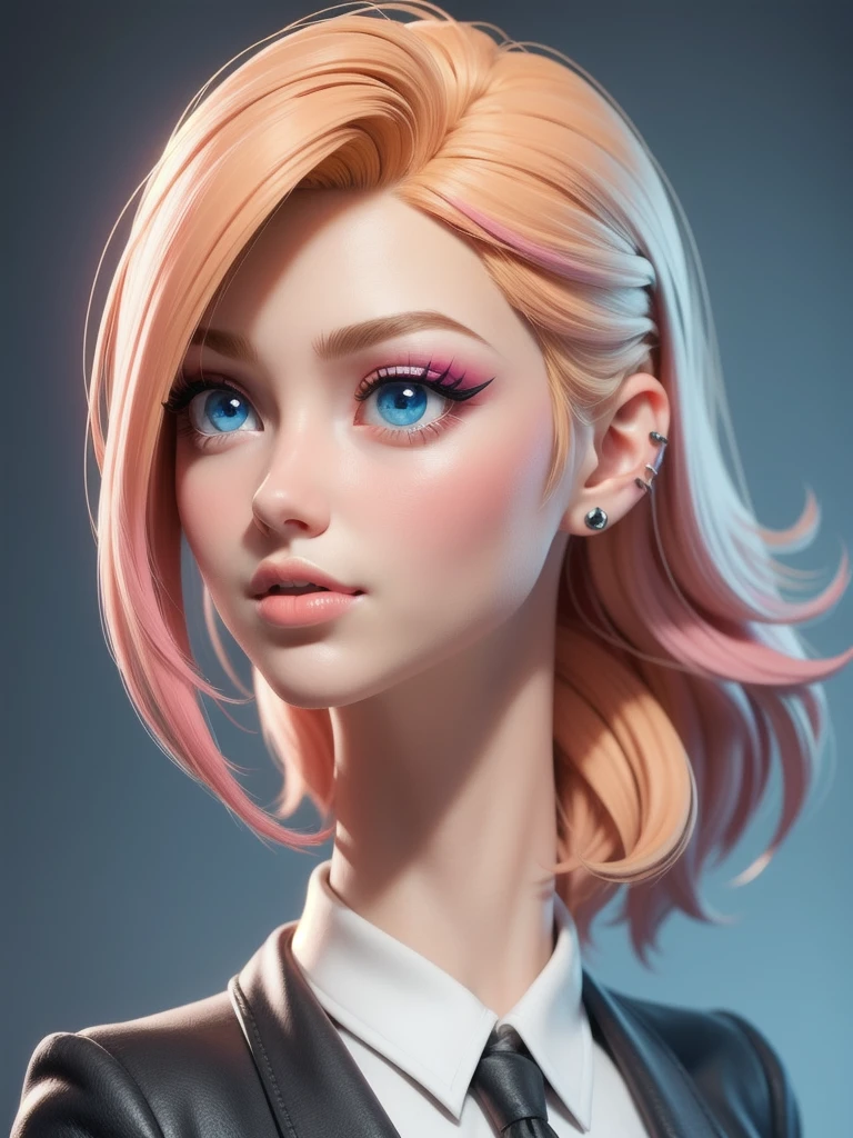 masterpiece, best quality,3d rending work,3DMM style, close-up, portrait, 3D,1girl, solo, perfect face, long hair, academy blue school uniform , long light blonde hair dyed with pink and with cute fluffy bangs well styled, hair dyed with pink color, detailed light blue eyes highlight light reflecting in her eyes, looking straight to the viewer, realistic, upper body, simple background, colorful lighting, lips, edgy makeup, black shade of makeup on eyelids, ear piercing, fair skin, perfect hourglass body, she has sharp jawline, photo card, The artwork should have the best quality, with ultra-detailed and realistic features. The color palette should be vivid, and the lighting should emphasize the character's facial structure and expression.