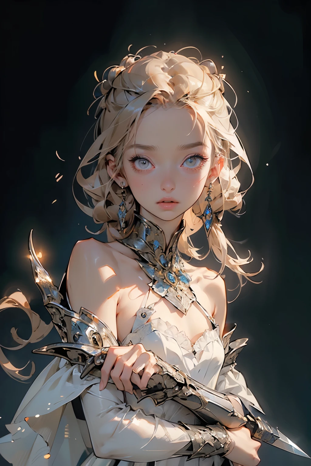 (((masterpiece, of the highest quality, super detailed))), (a female knight of an occult order), (minimal but intricate beautiful armour), (((wielding a sword with a digital glitch-like effect to the blade as though it is rapidly flickering in and out of reality))), Fluttering lace flared dress with frilly petticoats, (((( Highly detailed face))), (((Very sharp focused eyes))), very long eyelashes, small breasts, (((flat chest:1.1)))
