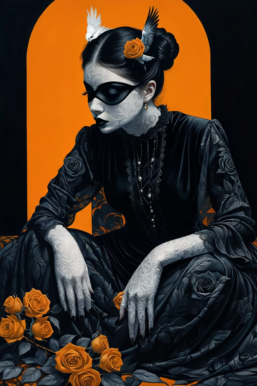 chiaroscuro technique on sensual illustration Illustration art, by IrinaKapi. Surrealism, vintage abstraction, girl with white raven and black roses, ultra details oh clothes, best quality, masterpiece, painting, concept art, emotionally, atmospheric, aesthetics of romanticism, represent transformation and the ability to see beyond the surface
