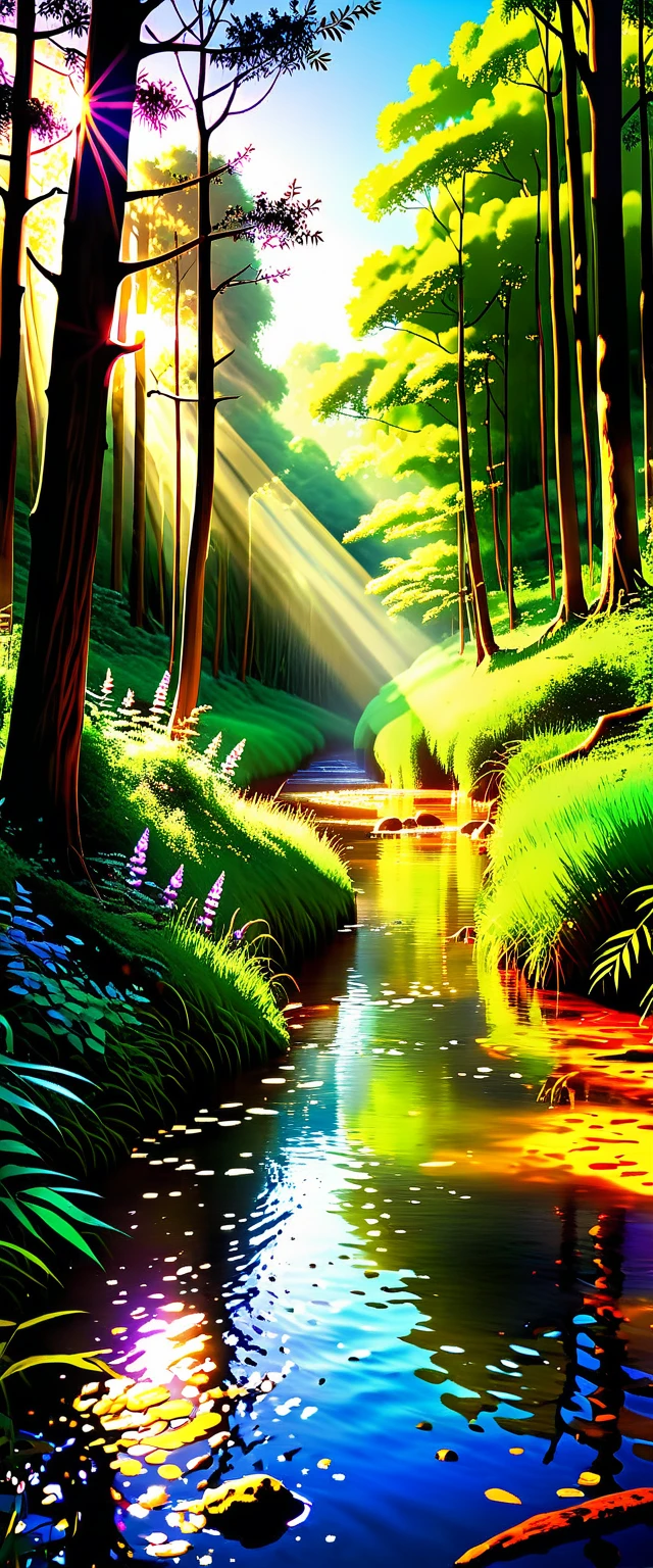 Viral anime nature wallpaper in 4K quality, in the style of digital illustration inspired by Hayao Miyazaki, featuring a serene forest with towering ancient trees, dappled sunlight filtering through the leaves, a gentle stream flowing through the scene, and mystical creatures peeking from behind the foliage; vibrant and warm color temperature, cosmos lighting with stars twinkling in the sky, no human characters, the atmosphere is tranquil and enchanting --v 5 --stylize 1000
