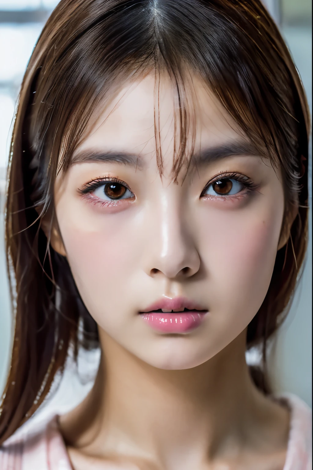 (8k quality, Super realistic Photography, Front Face, looking right at the camera, RAW photo)japanese woman、18 year old, Face concentrated、face with makeup, pink pupil, super dense and detailed skin