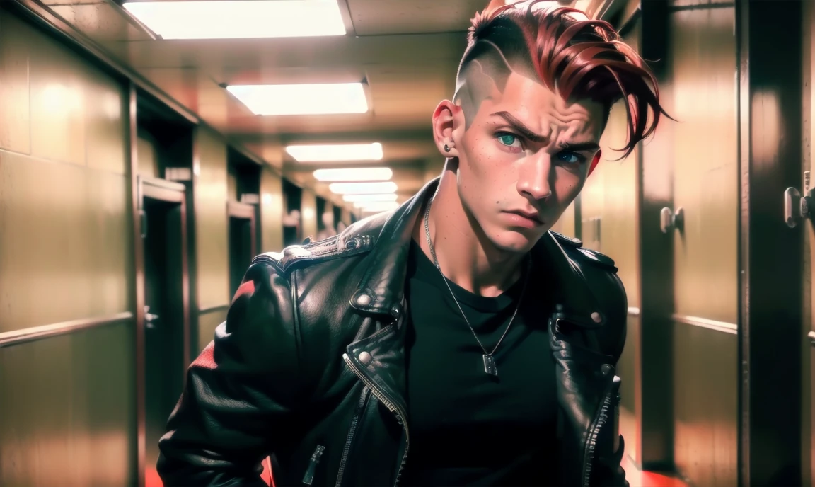 "((highly detailed, detailed eyes, detailed face, clear and realistic facial features, photorealistic, realistic light; cinematic)), (1 man), ((((school hallway background)))), (((gorgeous athletic punk tough bully male))), ((18-year-old teenage male)), ((((glaring expression)))), ((intimidating mood)), ((blue-green eyes)), ((short black hair with a undercut)), (((dressed in black and leather))), ((red tint in hair)), ((blocking your path/standing in your way))."