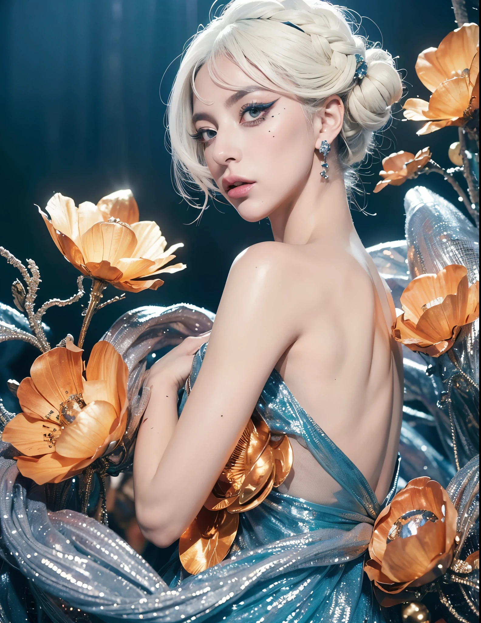 a cosmic goddess lady gaga in dark sheer alien costume, detailed intricate pattern on costume, dreadlocks hairstyle, alien legs, dramatic dramatic dark moody lighting, dramatic contrast, cinematic composition, highly detailed, photorealistic, 8k, masterpiece