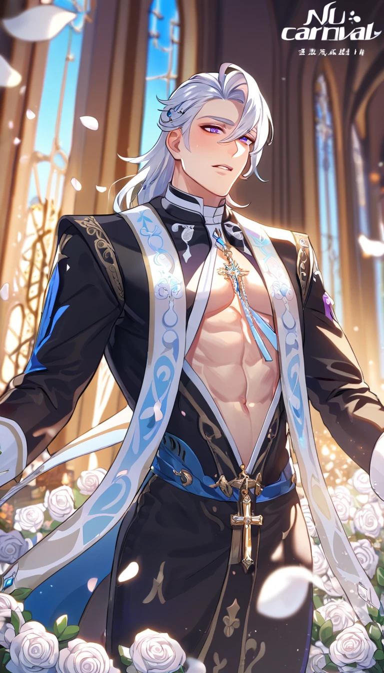 absurdres, highres, ultra detailed, HDR, master piece, best quality, Neuvillette, white hair, expressive purple eyes, Genshin Impact, solo, sexy man, handsome, horny, lewd, black priest robes, accessories, showing the chest, cross necklace, priest, white gloves, fantasy, magical, white roses, white petals, blue sky, church, Nu Carnival