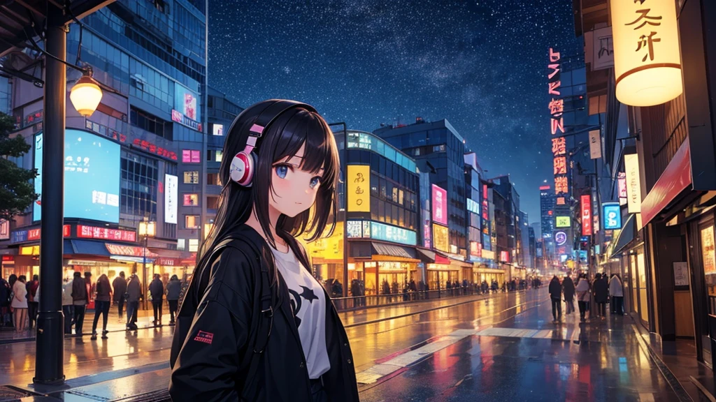 Traveling through the zoo。A young girl with black hair wearing stylish clothes and headphones labeled "lo-fi" The girl is shown in profile, gazing into the distance with a calm, relaxed expression Background depicts the iconic scenery of Namba, Osaka at night, without any text on signs A starry night sky adding to the peaceful atmosphere Overall mood is quiet and serene, perfect for lo-fi music Detailed hair rendering and careful attention to the girl's fashionable outfit The entire scene should evoke a relaxing, introspective feeling associated with lo-fi music