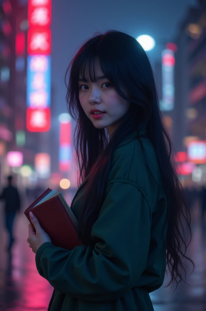 One Woman、White skin、Detective、Long black hair、Smiling with teeth showing、Are standing、Hold the book in your right hand、A city lined with buildings、Neon Light、night、First Person View