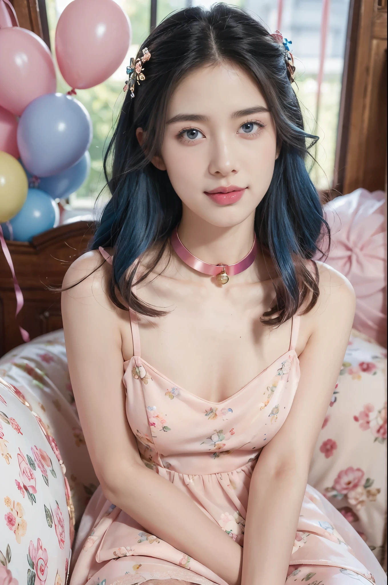 (((best quality))),(((ultra detailed))),(((masterpiece))),illustration,((1girl,solo)),(long bob:1.2),(blue hair:1.2),((bright eyes,flawless skin)),((slim,thin)),((small breasts,flat chest)),(dog collar with a bell:1.2),(pink floral sheer dress:1.3),(slender legs:1.2),sweetheart neckline,innocent yet alluring,(In a pink princess theme bedroom:1.3),(sitting on colorful gift box:1.3),wonderful expression,big bows,festive atmosphere,balloons and streamers,sunlight streaming in,radiant smile,anticipation,joy and excitement,capturing a moment of pure happiness,((front,upper body))
