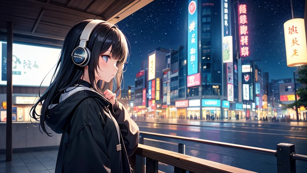 Traveling through the zoo。A young girl with black hair wearing stylish clothes and headphones labeled "lo-fi" The girl is shown in profile, gazing into the distance with a calm, relaxed expression Background depicts the iconic scenery of Namba, Osaka at night, without any text on signs A starry night sky adding to the peaceful atmosphere Overall mood is quiet and serene, perfect for lo-fi music Detailed hair rendering and careful attention to the girl's fashionable outfit The entire scene should evoke a relaxing, introspective feeling associated with lo-fi music