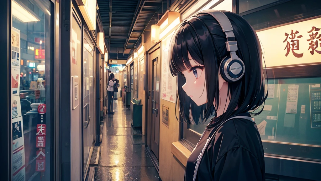 Traveling through the zoo。A young girl with black hair wearing stylish clothes and headphones labeled "lo-fi" The girl is shown in profile, gazing into the distance with a calm, relaxed expression Background depicts the iconic scenery of Namba, Osaka at night, without any text on signs A starry night sky adding to the peaceful atmosphere Overall mood is quiet and serene, perfect for lo-fi music Detailed hair rendering and careful attention to the girl's fashionable outfit The entire scene should evoke a relaxing, introspective feeling associated with lo-fi music