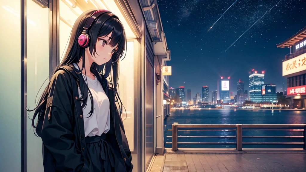 Traveling through the zoo。A young girl with black hair wearing stylish clothes and headphones labeled "lo-fi" The girl is shown in profile, gazing into the distance with a calm, relaxed expression Background depicts the iconic scenery of Namba, Osaka at night, without any text on signs A starry night sky adding to the peaceful atmosphere Overall mood is quiet and serene, perfect for lo-fi music Detailed hair rendering and careful attention to the girl's fashionable outfit The entire scene should evoke a relaxing, introspective feeling associated with lo-fi music