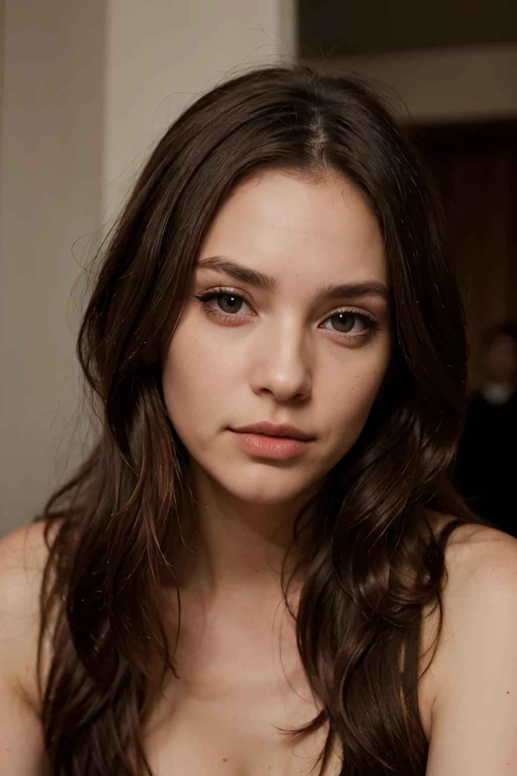 long brown hair woman, yeux marrons clair , with huge redone lip