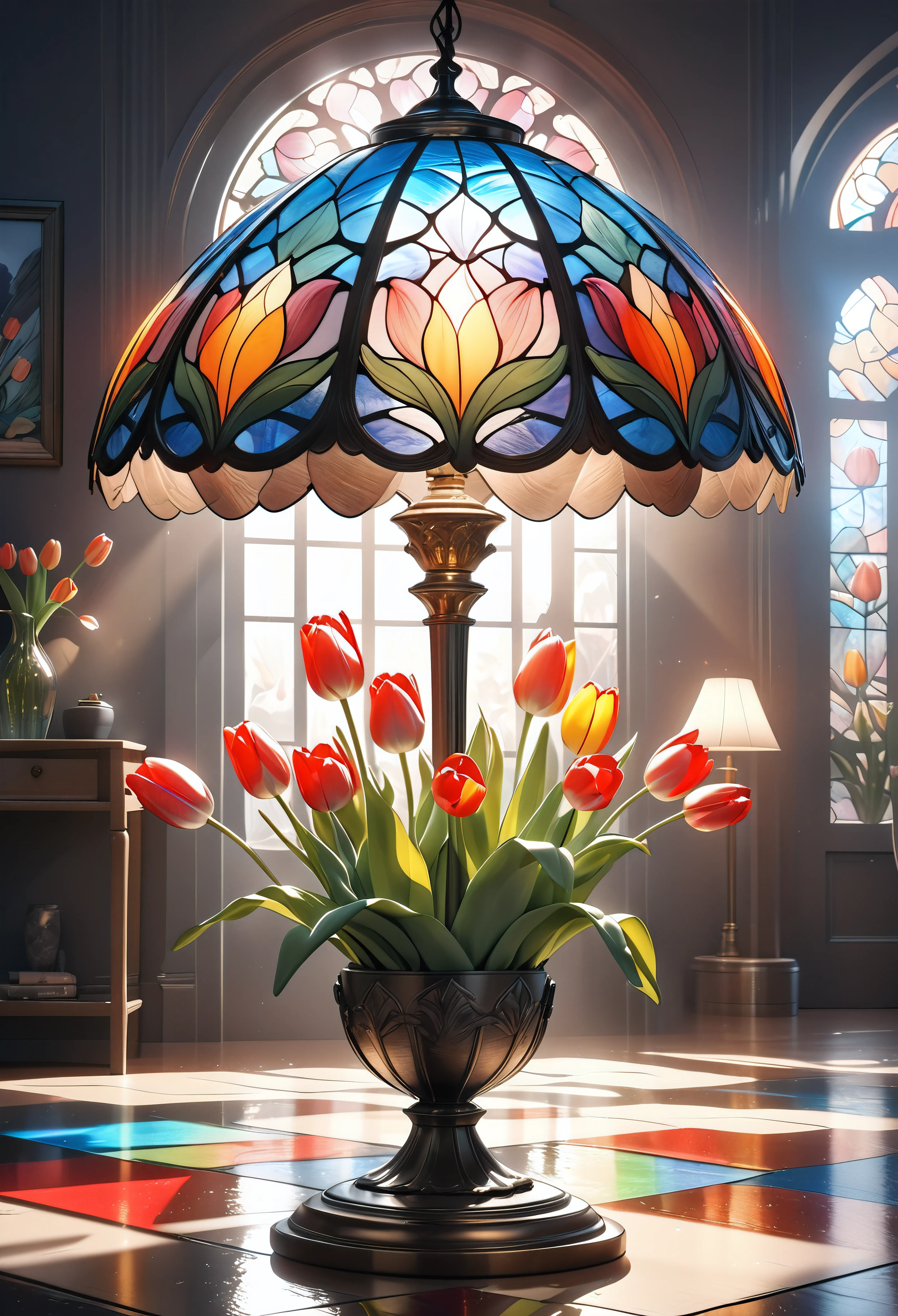 a detailed glass lighting fixture, stained glass effect, soft lighting, hyper-realistic, tulip-shaped floor lamp, intricate, art piece, (best quality,4k,8k,highres,masterpiece:1.2),ultra-detailed,(realistic,photorealistic,photo-realistic:1.37),highquality,studio lighting,physically-based rendering,vivid colors,dramatic lighting