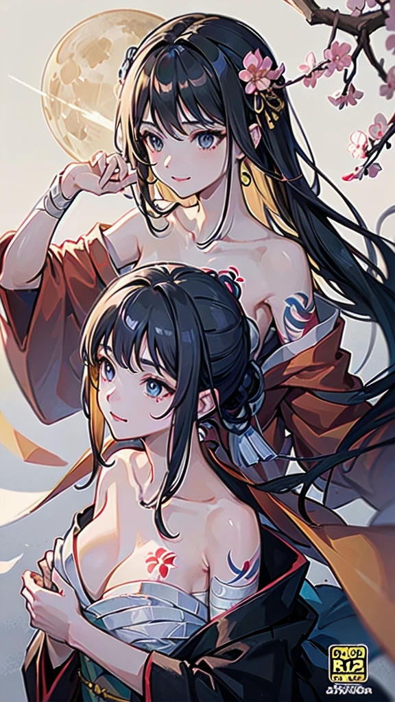 (((((roll up bandage sideways on a  chest tightly to cover the chest without gaps))))),  (((bandage samweways))),, ((Japanese Gangster BOSS)), adult woman with the dignified presence, Killing Qi, wear nothing around shoulder, wear nothing around neck, wear the kimono, wear it below the waist, (I wind it up to control it, and to attach it),  ((kimono come off)) ,wear the kimono multiple times, Bare shoulders and the clavicle, black and gold kimono, put on over jacket of kimono, (holding a japanese sword which shine in purple, The handle of the sword is black, and the blade is gray, long sword), eye fire, low angle, whole body, anime character, Glaring, off sholder, nappropriate smile, Excellent, black blue hair, can see both shoulder, ((long kimono hem)), small face, ((some cherry blossam big tattoo on the arm)), ((background Japanese gate with circlr mark)),muscular,drink sake,fullmoon in the sky, The kimono is spreading,(((ultra-detailed))),super beautiful,Masterpiece,Killing Qi,Intimidation,zoom up, a person,Selfish person